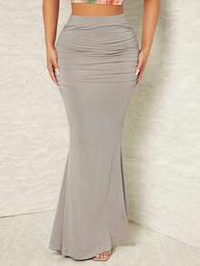 Women High Waist Elastic Pleated Fishtail Skirt Autumn Winter Slimming European American Style Skirt For Daily Casual Party Wear  Fashionable Skirt - 卡其色 - 查看 10