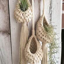 3pcs Handmade Cotton Rope Woven Pineapple Plant Hanging Planter Bags, Suitable For Indoor, Rustic And Outdoor Decor - Beige - View 2
