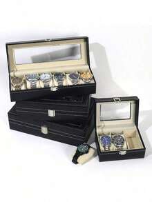 PU Leather Watch Box With Glass Window, 6/12 Compartment Organizer With Lock For Collections - Black - View 8