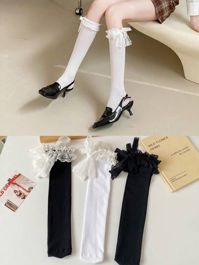 1 par de medias altas para mujer, diseño de lazo de encaje negro y blanco que estiliza las piernas, adecuadas para primavera/verano, combinación versátil con faldas