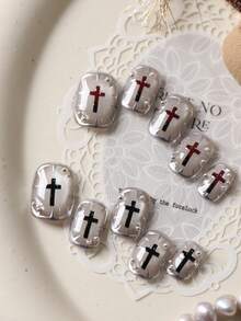 10pcs Press On Nails Silvery White Cat Eyes Cross Nails Press On Nail Supplies Short Nails Fake Nails Artificial Nails Kit Includes 1sheet Adhesive Tabs &1 Pc Mini File - Multicolor - View 2