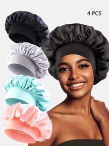 4pcs Women's Multicolor Wide Brimmed Hair Bonnet For Daily Use Silk Bonnet Satin Bonnet - Multicolor - View 10
