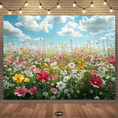 这款春季背景布，以丰富的野花和绿色植物为特色，非常适合生日、婚礼、周年纪念、摄影工作室和夏季派对。婚礼背景 | 生动花卉设计 |