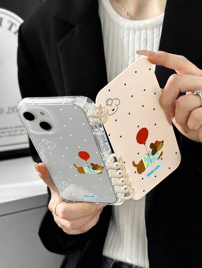 Funda de cuaderno con tapa abatible y estampado de Dachshund y globo rojo, funda protectora transparente con lunares de TPU a prueba de golpes (incluye páginas interiores beige con Dachshund), funda de teléfono con diseño de lema "BUENA SUERTE", funda de cartera con estilo Kawaii, compatible con iPhone 11/12/13/14/15/16/16 Plus/17/17 Pro/17 Pro Max y Galaxy S24 Ultra/A25/A55 5G/S25, adecuada para amantes de los perros, entusiastas de los Dachshund, estudiantes y uso diario