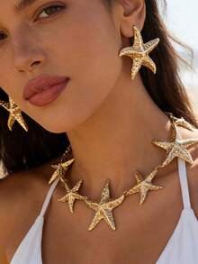 2pcs/Set Exaggerated Starfish Design Necklace And Earrings Jewelry Set, Unique European And American Style Choker Necklace And Earrings, Suitable For Beach Vacation And Party - Yellow Gold - View 2