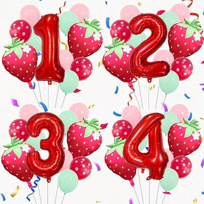 12 piezas Conjunto de globos con número de fiesta de cumpleaños con forma de fresa, con globos de número de 32 pulgadas de 1-9, globos de lámina con forma de fresa, globos de látex rosa y verde para decoración de primer cumpleaños con tema de fresa, fiesta de bebé, fiesta hawaiana