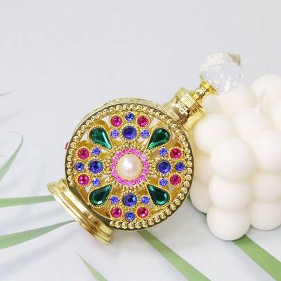 Frasco de perfume de 15ml com strass dourado, estilo árabe de Dubai, item decorativo para casa e penteadeira, presente ideal para mulheres e meninas em ocasiões especiais, perfeito para uso doméstico, diário e viagens (frasco vazio apenas).