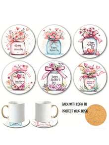 6 piezas Posavasos redondos de madera, diseño del Día de la Madre con texto "Feliz Día de la Madre" y patrón floral, decorados con flores, jarrón y diseño "Feliz Día de la Madre", posavasos redondos de 9.5cm resistentes al calor, regalo perfecto del Día de la Madre para mamá - Multicolor - Ver 1
