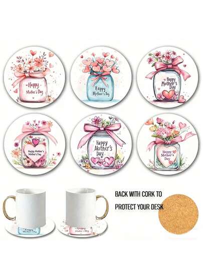 6pcs Wooden Round Coasters, Mother's Day Design With "Happy Mother's Day" Text And Floral Pattern, Decorated With Flowers, Vase And "Happy Mother's Day" Design, 9.5cm Round Heat-Resistant Coasters, Perfect Mother's Day Gift For Mom