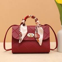 Casual Street Jacquard Plaid Women's Handbag, Scarf Decor Small Square Bag - Burgundy - View 8