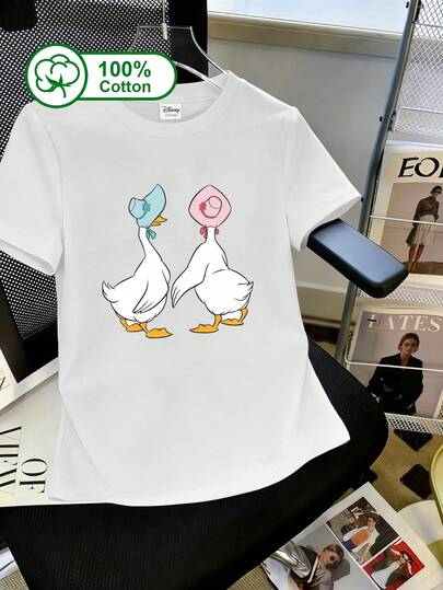 Disney Camiseta casual minimalista para mujer, 100% algodón, con estampado de pato de dibujos animados, adecuada para uso al aire libre, apta para primavera, verano y otoño, atuendo diario, camiseta gráfica para mujer