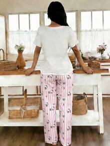 SANRIO Hello Kitty 女士圆领印花短袖上衣 + 直筒弹力腰裤 2 件套可爱睡衣套装 - 粉色 - 查看 4