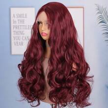 99J Wine Red Fluffy Wavy 13X4 Lace Front Synthetic Wig, Pre-Plucked Bleached Knots, Suitable For Cosplay, Daily Party, Heat Resistant Fiber Front Wig - Multicolor - View 5