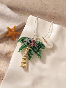 1pc Ocean-Themed Versatile Classic Artificial Crystal & Rhinestone Palm Tree, Seashell Pendant Necklace, Suitable For Women's Beach, Party, Casual, Travel Daily Wear - Multicolor - View 1