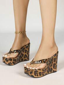 Women's Thick Sole Strap Wedge Sandals, Plus Size Open Toe Beach Slippers - Dark Leopard Print - View 4
