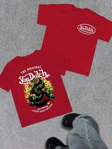 White 1pcs Women's Double Side Print Von Ditch Dragon Floral Design Red And Green Print Fabric Soft & Skin-Friendly Unisex Style Gifts For Spring Festival, Valentine's Day, St. Patrick's Day & World Cup-Van Dutch Dragon Print Women T Shirt Classic Americana Style Graphic,Summer Outfits,Vacation Outfits Women,Summer Outfits For Women,Spring Outfits For Women,Summer Tops,St Pattys Day Outfit,Easter Outfit Women - 紅色 - 查看 1