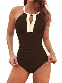 Women's Swimsuit Stylish Contrast Color Sleeveless Cross Back Tummy Control Bathing Suit For Beach Pool - Coffee Brown - View 7