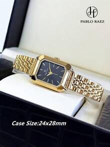 Pablo Raez 1枚帕布莱斯女士腕表，SUS304不锈钢银色顶级AAA品质女士腕表，奢华时尚正装腕表，IPS电镀，优雅全新长方形石英表，时尚白色表盘，高品质流行方形女士腕表，50米防水实心钢链折叠表扣，休闲可爱女士小腕表，适合日常生活/工作/派对装饰生日礼物 - 金色 - 查看 3