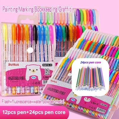 48pcs Color Changing Glitter Pen Set (12pcs Glitter Pens + 36pcs Refills), Includes Liquid Glitter Pens, Shimmery Gel Pens, Aurora Pearl Pens And Fluorescent Pens, Ideal For Journaling, Painting, Doodling And Watercolor. Fine Tip Suitable For DIY Crafts, Black Cards And Collage.
