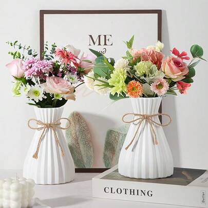 1件套现代塑料花瓶 | 条纹底座花瓶，荷叶边边缘，质地光滑，耐用塑料桌面花瓶，适用于家居装饰、办公室、客厅、餐桌 - 小型装饰花瓶，适合插鲜花（黑色）