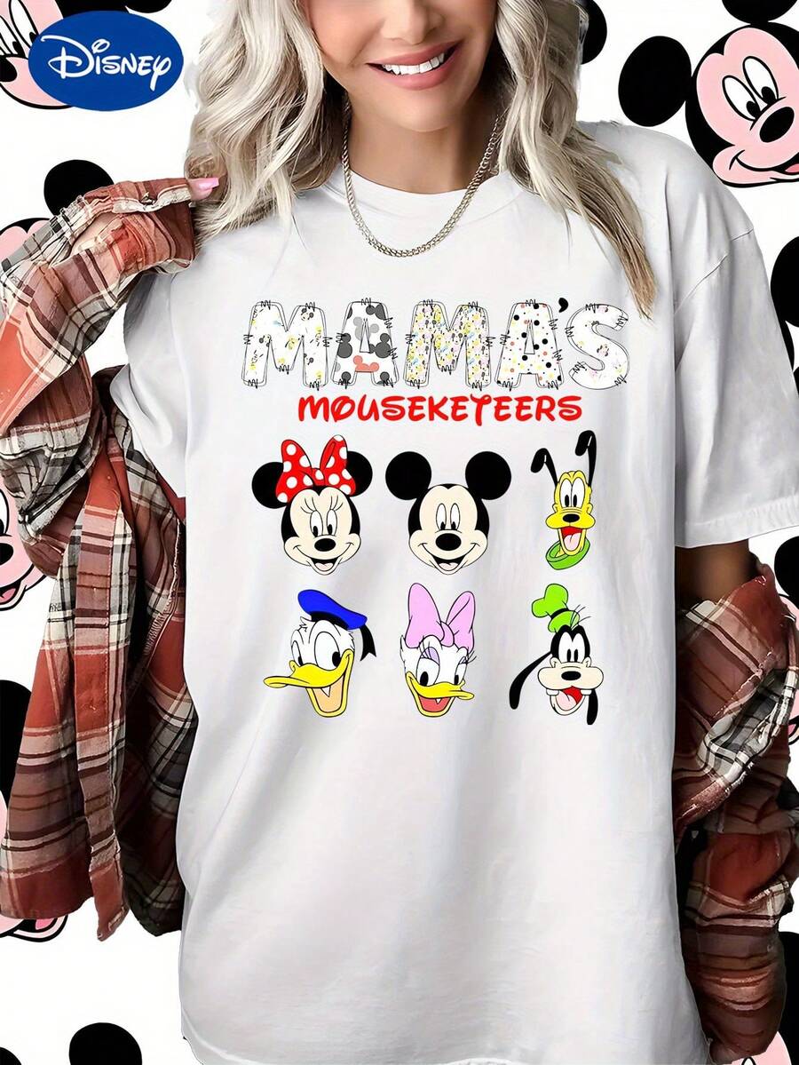 Disney Series, MAMA'S MOUSEKEETERS Print Pattern, Women'S Casual Top, Suitable For Spring And Summer, Ideal For Holiday Gifts, Birthday Presents, And Mother'S Day Gifts - trắng - Xem 1