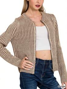 Womens Casual Cardigan Chic Vertical Ribbed Knit Cropped Zip Up Sweater Modern Fashion Forward Stand Collar Long Sleeve Structured Fitted Spring Fall Outerwear Brown Tones Classic Designer Style Daily Wear - 棕色 - 查看 4