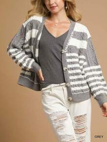 Womens Casual Cable Knit Cardigan Classic Striped Pattern Chic Cropped Design Puffed Long Sleeve Sweater Cozy Round Neck Fall Winter Oversized Top Grey White Stripe Elegant Everyday Wear - Xám - Xem 1