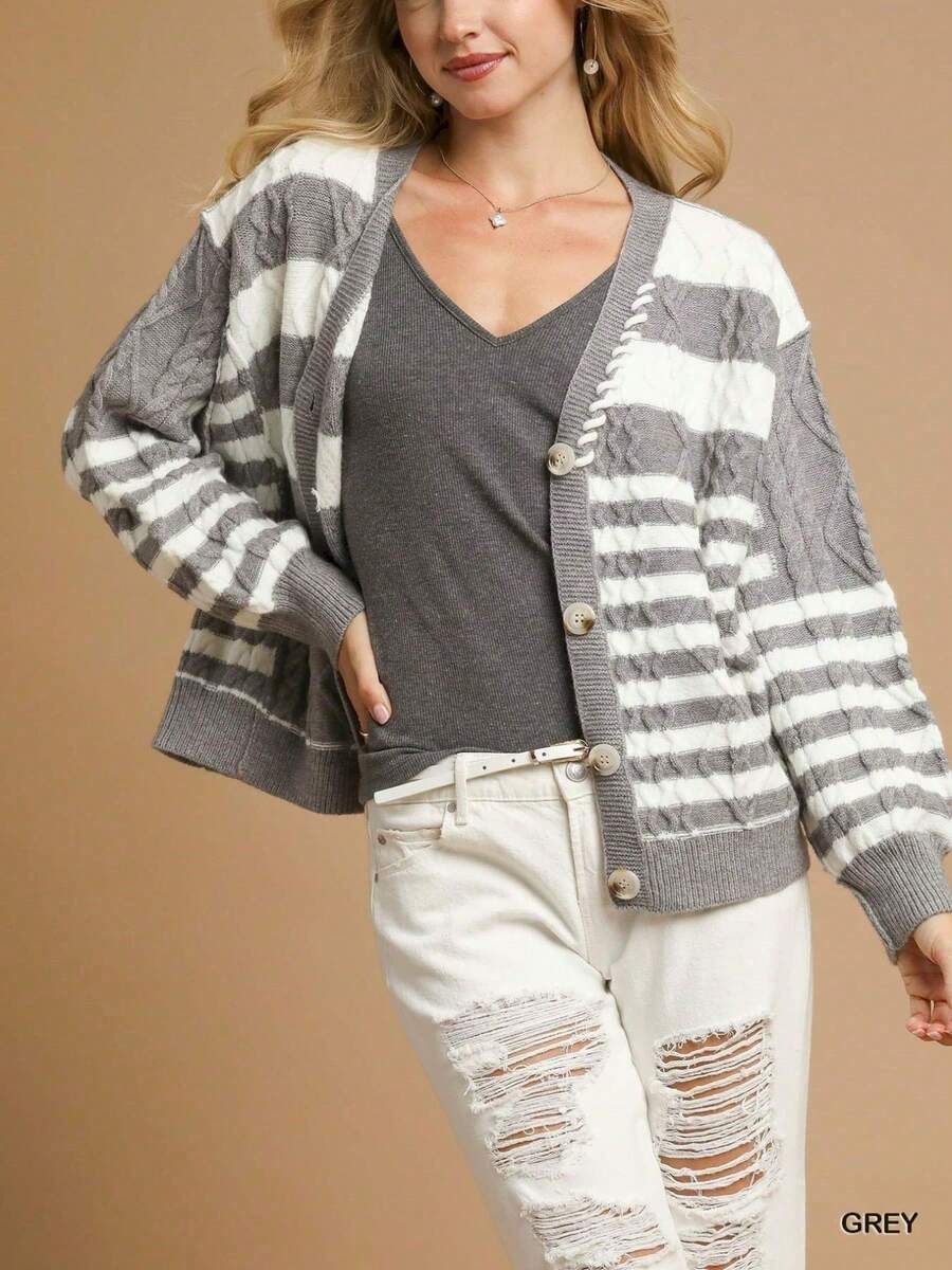 Womens Casual Cable Knit Cardigan Classic Striped Pattern Chic Cropped Design Puffed Long Sleeve Sweater Cozy Round Neck Fall Winter Oversized Top Grey White Stripe Elegant Everyday Wear - Xám - Xem 1