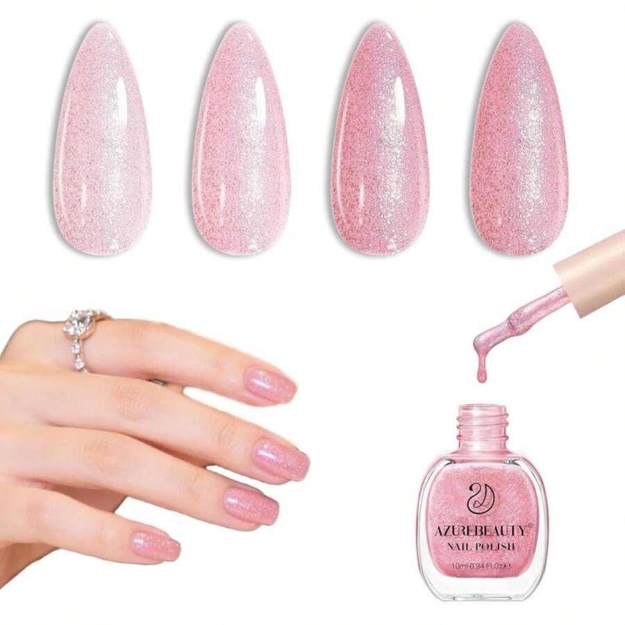 AZUREBEAUTY Glitter Pink Nail Polish No Gel Quick Dry Natural Shine Nail Lacquer Fingernail Polish Salon-Quality For Women 10ml - ColorN - 查看 1
