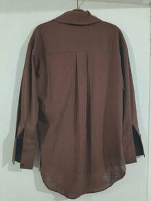 Women's Long-Sleeved Linen Shirt - Coffee Brown - View 2