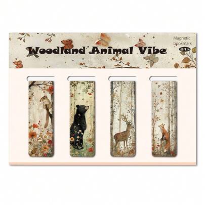 4PCS Woodland Animal Magnetic Bookmarks - Watercolor Forest Designs Page Markers For Nature Lovers & Book Lovers