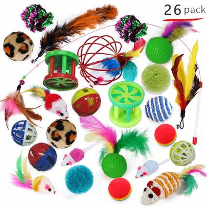 26pcs/Set Random Color Pet Cat Toys Accessories, Including Cat Tunnel, Teaser Wand, Bell, Cat Tunnel Toys Combo Set