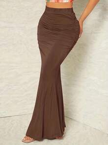 Women High Waist Elastic Pleated Fishtail Skirt Autumn Winter Slimming European American Style Skirt For Daily Casual Party Wear  Fashionable Skirt - 棕色 - 查看 12