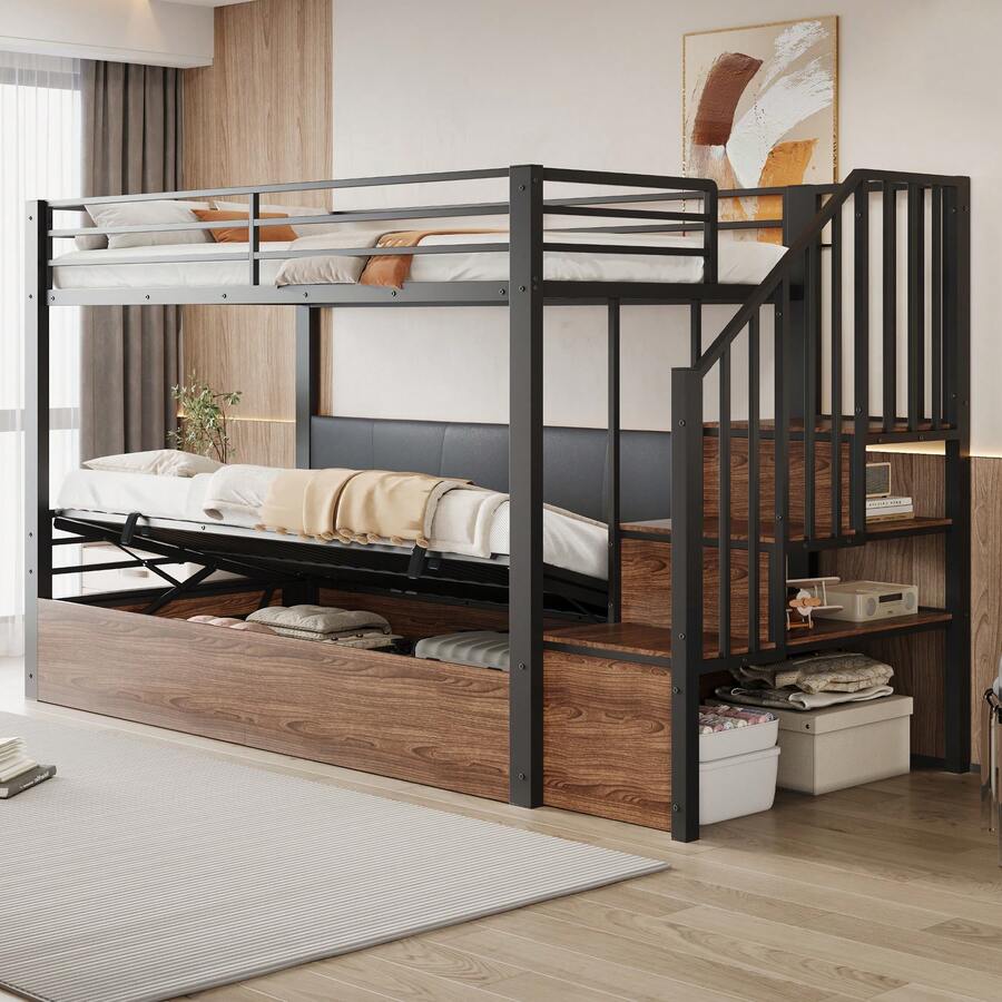 Iron Loft Bed, 90 X 200 Cm, Padded Backrest In Soft Polyurethane, Hydraulic Function, Safety Ladder, High Safety Rail, Bunk Bed, Children's Bed, Black - Black + Medium Density Fiberboard + Metal - View 1