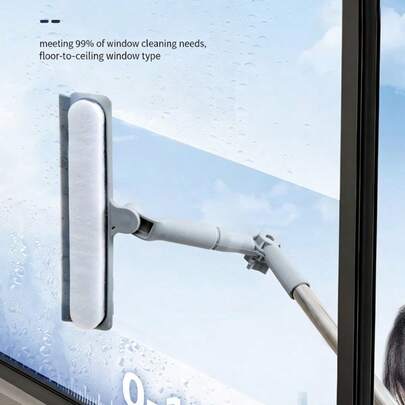 أداة تنظيف النوافذ ذات الوجهين الجديدة، بدون استخدام اليدين، قابلة للتمديد لنوافذ المباني العالية، تشمل عصا تلسكوبية، شفرة ذات وجهين، وفرشاة صغيرة لتنظيف المناطق الصعبة الوصول إليها
