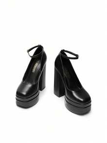 Women's High Chunky Platform Square Toe Heels Pumps Closed Toe Block Ankle Strap Solid Color Dress Fashion Party Y2K Shoes For Fall And WInter - màu đen - Xem 8