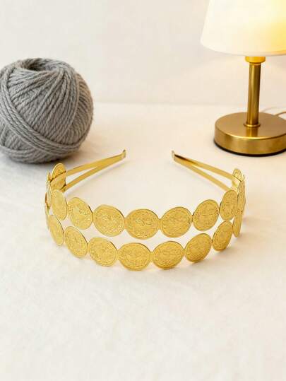 1pc 22K Gold Plated Women's Headband, Luxury Palace Style Coin Shaped, Middle Eastern Ladies Festival Headdress, Bridal Hair Accessory, Suitable For Party, Evening, Wedding