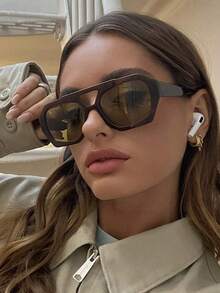 1 Pair Women's Brown Polygon Retro Double-Bridge Fashionable Street Style Personalized PC Frame Glasses - Brown - View 1