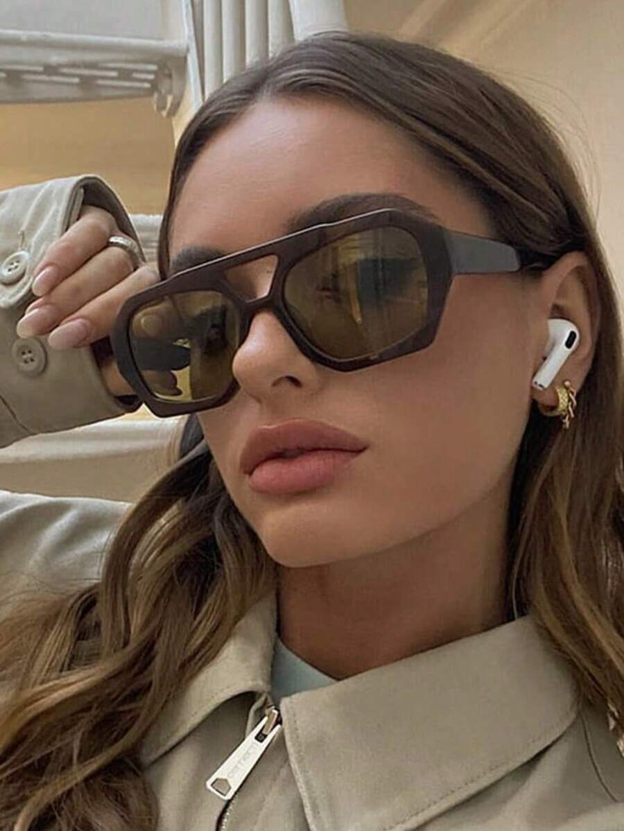 1 Pair Women's Brown Polygon Retro Double-Bridge Fashionable Street Style Personalized PC Frame Glasses - Brown - View 1