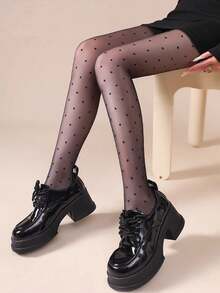 1 Pair Women Charming & Alluring Sheer Pantyhose Stockings, Polka Dot Design Black Tights, Suitable For Women Party Outfit, Attractive Thigh High Socks - 黑色 - 查看 3