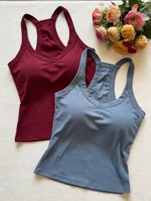 2pcs/Set Women's Summer Camisole Tops, Fitted Solid Color Basic Camisole With Chest Pads - Multicolor - View 3