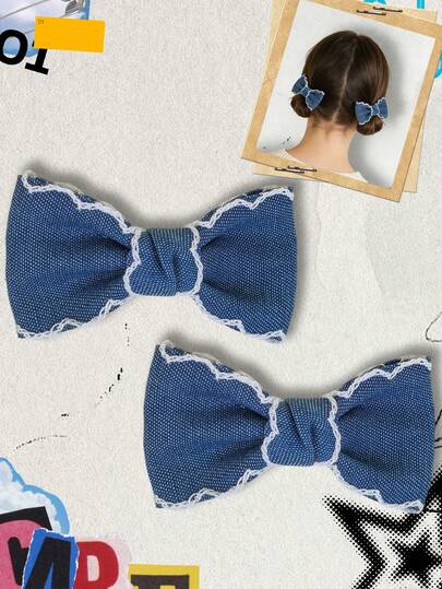 2Pcs Denim Hair Bow Fashionable Teens Girls Hair Bows With Clips For Festivals Party School