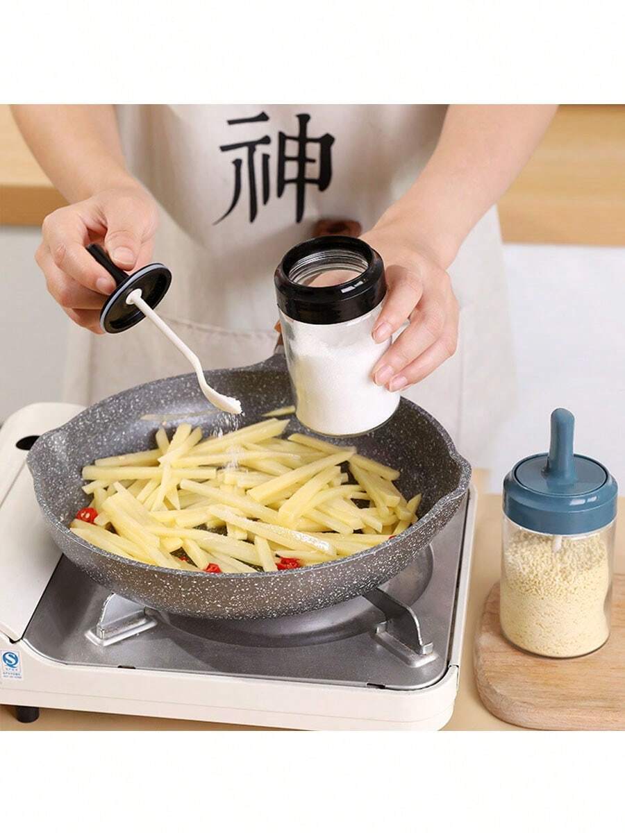 玻璃调味罐，带一体式勺子和盖子，适用于厨房和家庭使用，包括盐、糖、盐和味精。 - 黑色 - 查看 1