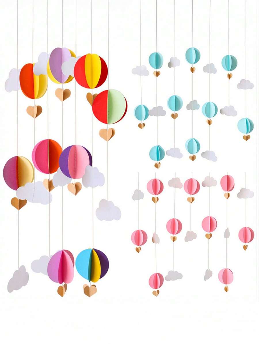1pc 118" Cuttable Ceiling Decorative Paper Rope, Includes 9pcs 3D Cloud And Paper Balloon Decorations, Suitable For Wedding, Birthday Party, Classroom, Bedroom And Holiday Party Decoration, Summer Celebration Wall Decor, Fun Decorative Item To Create Festive Atmosphere - View 1