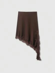 Asymmetric Lace Patchwork Silk-Feel Skirt - Brown - View 1