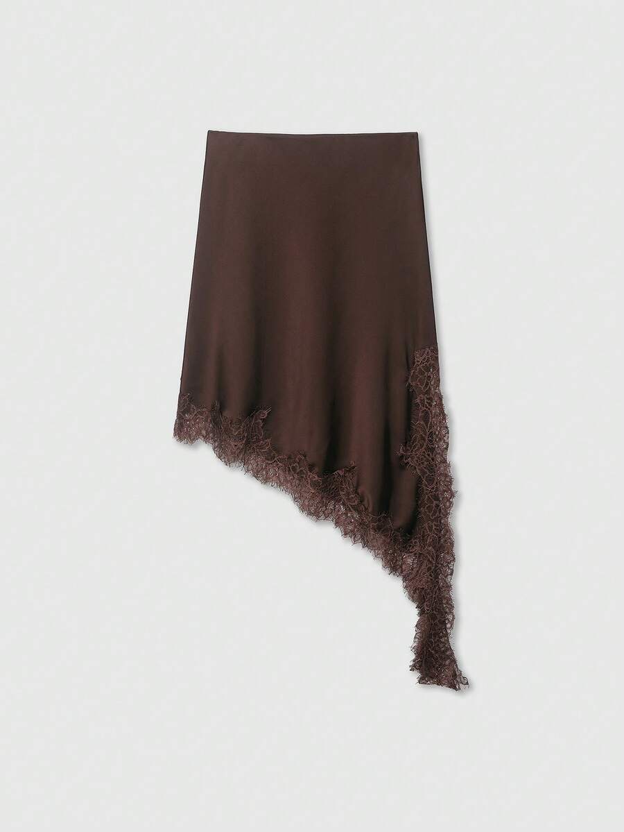 Asymmetric Lace Patchwork Silk-Feel Skirt - Brown - View 1