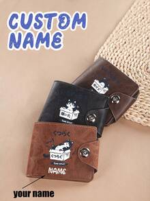 Personalized Wallet: This PU Leather Bi-Fold Wallet Features A Cute And Playful Cat Design That Can Be Customized With Your Name And Holiday Greetings. The Stylish Design Allows You To Engrave Your Name Or A Message, Creating A Unique, Personalized Wallet. - Multicolor - View 1