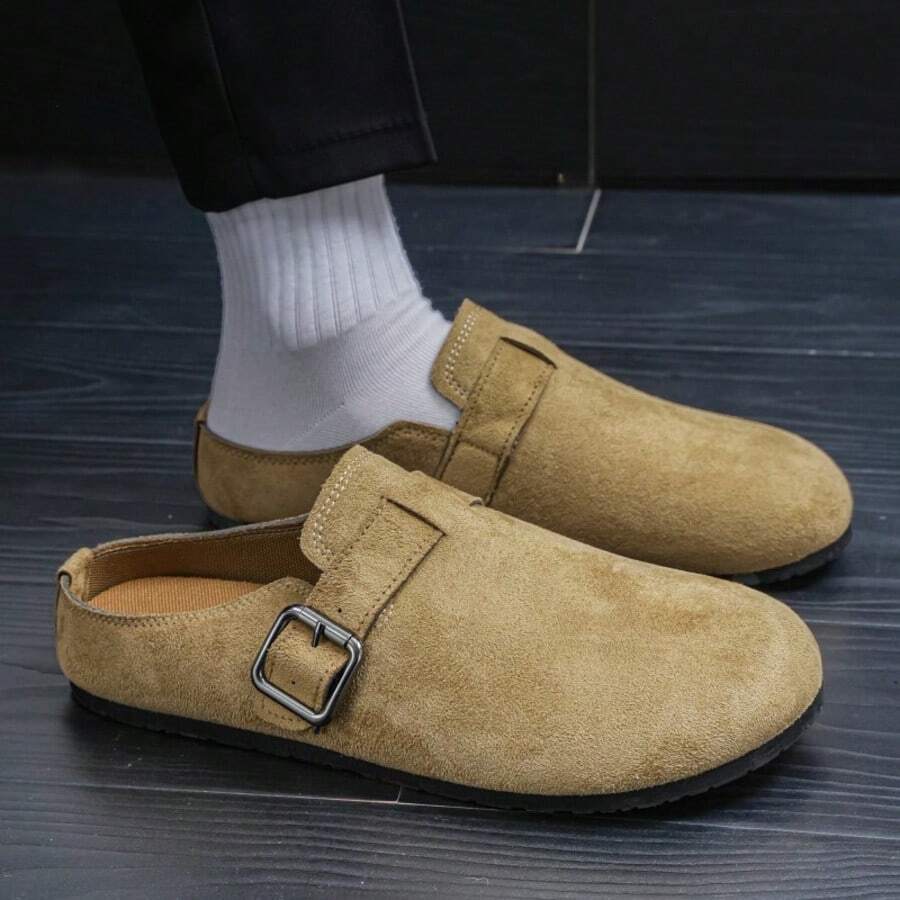 2026新款男女通用软木底套脚穆勒鞋，复古搭扣休闲户外木屐，纯色TPR休闲乐福鞋，适合通勤、度假、夏季穿着 - 駝色 - 查看 1