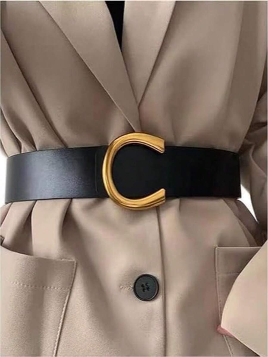 Women's PU Leather Metal Buckle Belt Letter Shaped Waist Belts For Jeans Dress - màu đen - Xem 1