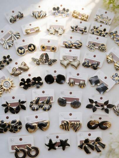 1 par de pendientes de moda para mujer, que incluyen diseños de flor, flor de cinco pétalos, gota, corazón y mini forma de C. Elegantes y estilosos, adecuados para uso diario, reuniones y fiestas. Un excelente regalo para la novia o la madre.